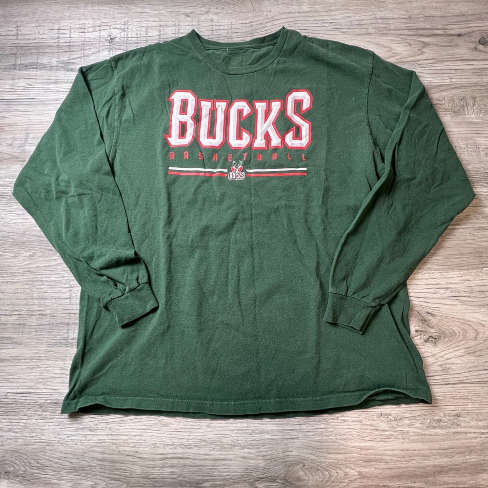 NBA Milwaukee Bucks Long Sleeve Shirt Mens XL Green Basketball Graphic Tee R8